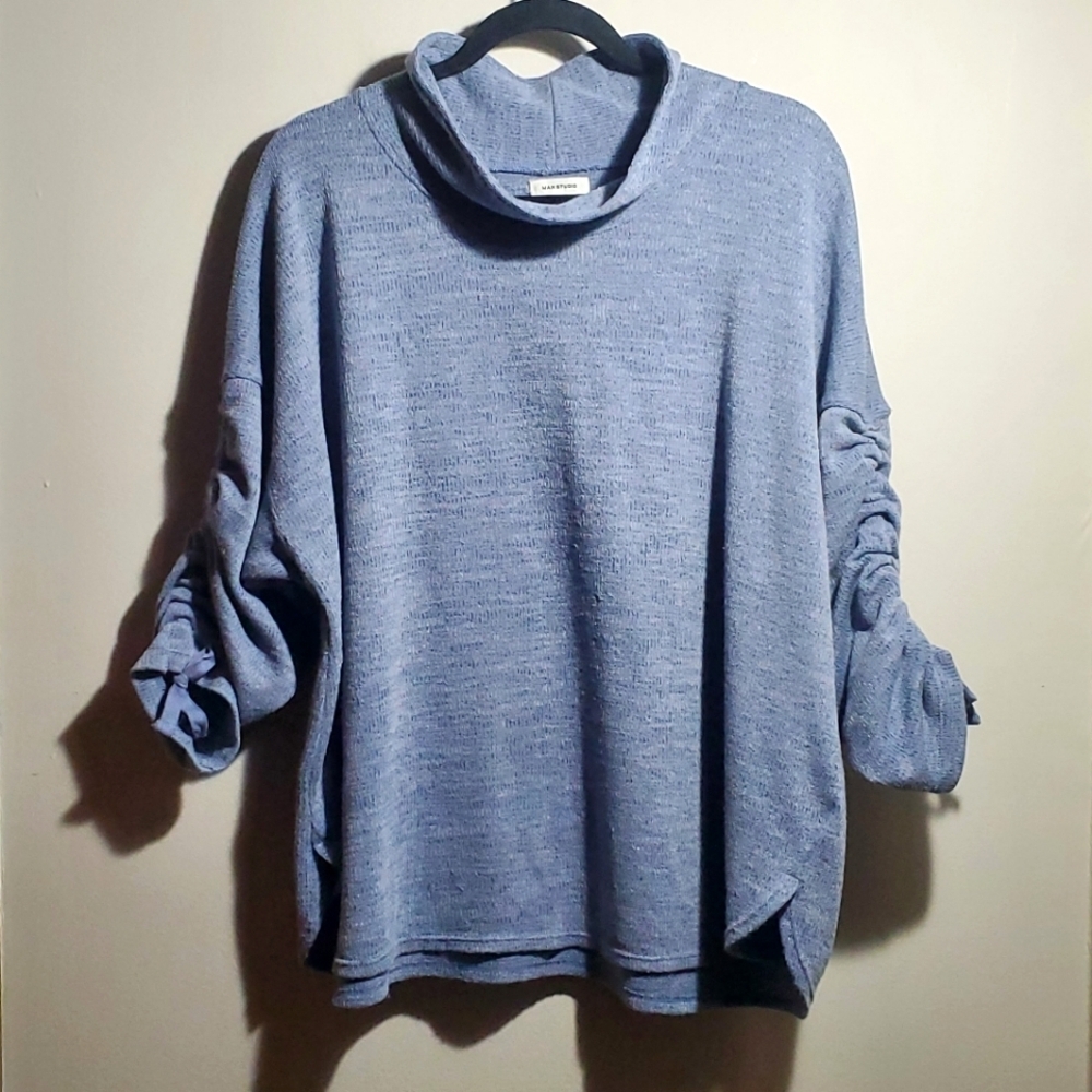 Max Studio Blue Ribbed Sleeve Tunic Top Cowl Neck Women's Plus Size 1X NWOT